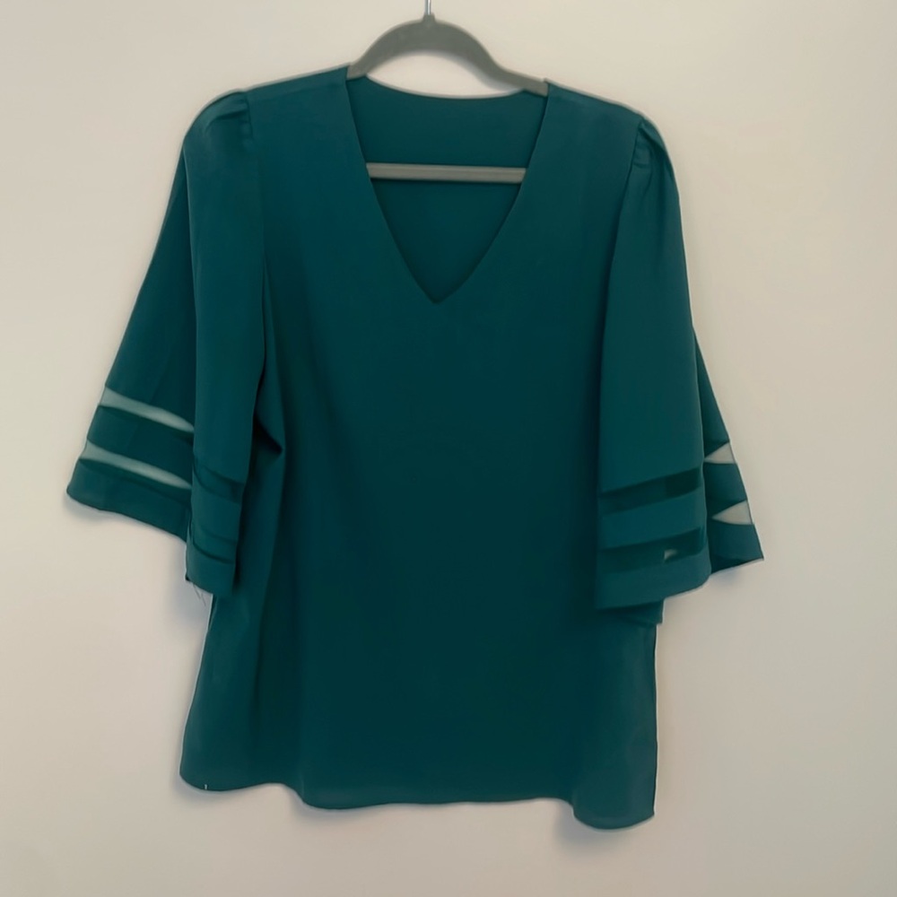 Women's V Neck Mesh Panel Blouse 3/4 Bell Sleeve Loose Top Shirt